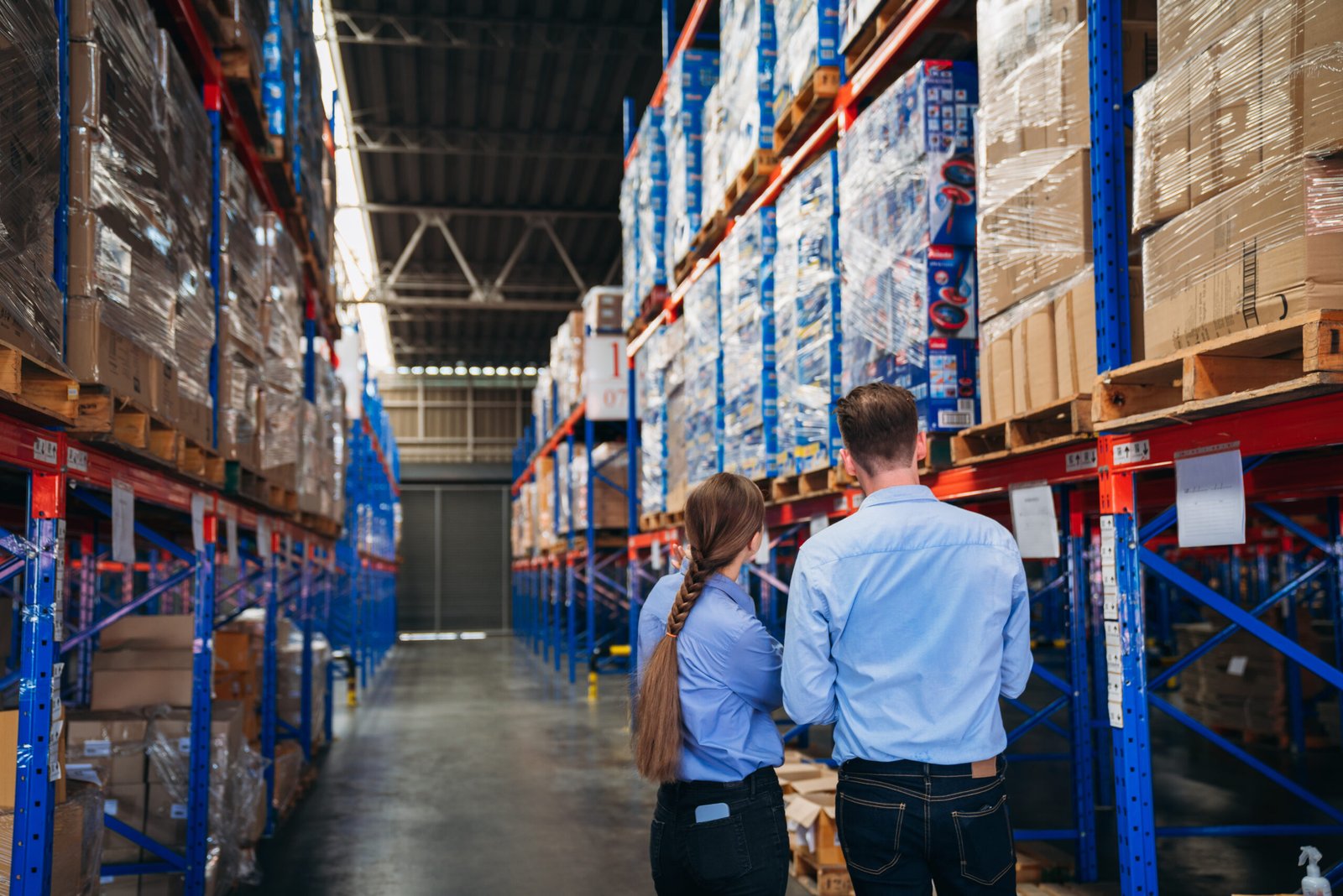 Warehouse worker checking electronics inventory stock on industrial storage racks